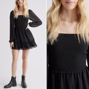 Quince Elegant Black Sheer Sleeve Mini Dress